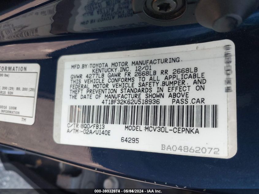 4T1BF32K62U518936 2002 Toyota Camry Le