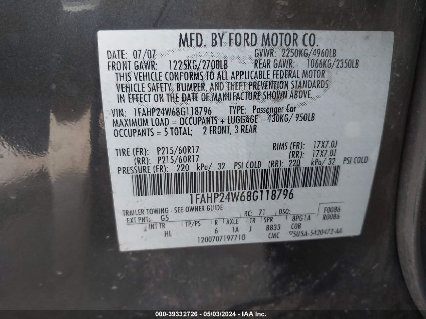 1FAHP24W68G118796 | 2008 FORD TAURUS