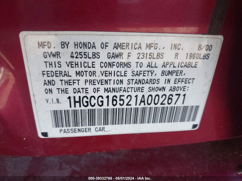 1HGCG16521A002671 | 2001 HONDA ACCORD