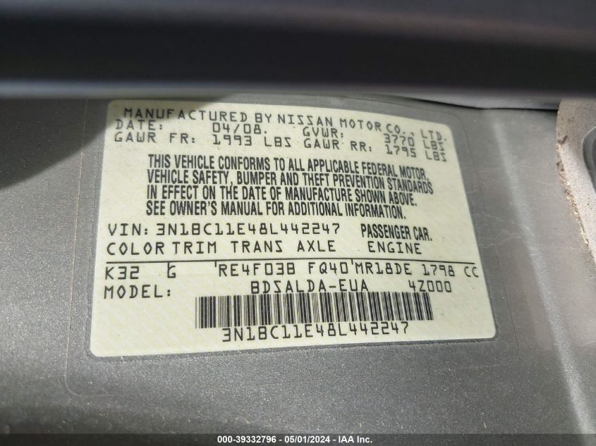 3N1BC11E48L442247 | 2008 NISSAN VERSA