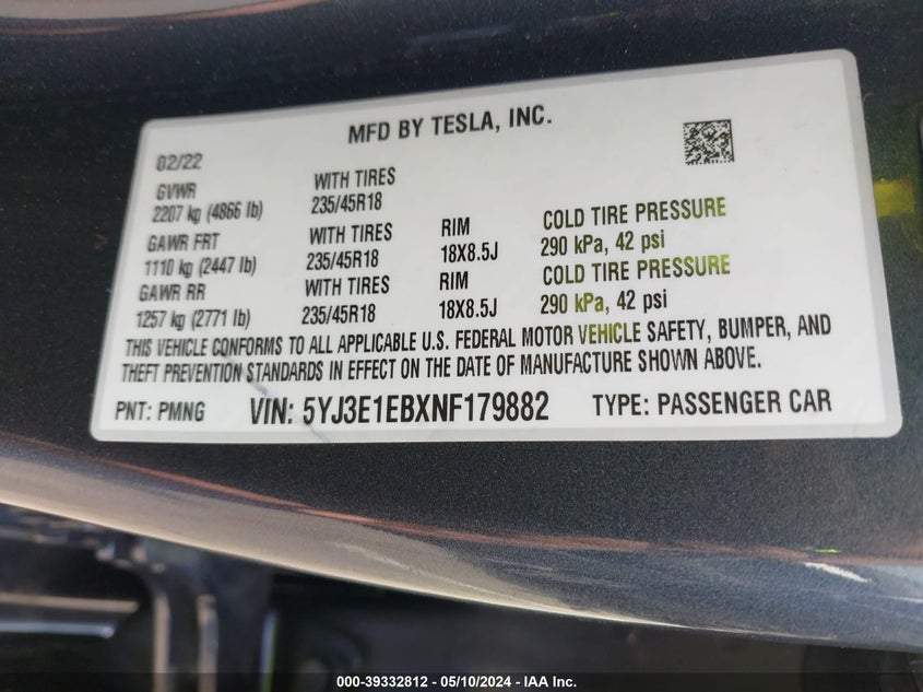 VIN 5YJ3E1EBXNF179882 2022 TESLA MODEL 3