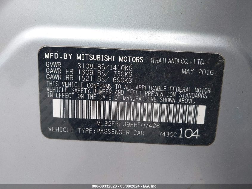 2017 Mitsubishi Mirage G4 Es VIN: ML32F3FJ9HHF07426 Lot: 39332828