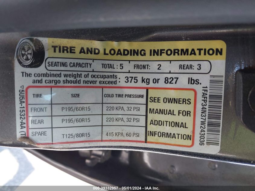 1FAFP34N37W243036 | 2007 FORD FOCUS