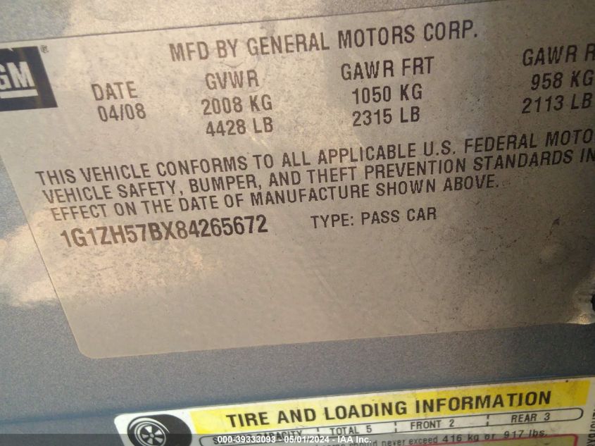 1G1ZH57BX84265672 | 2008 CHEVROLET MALIBU