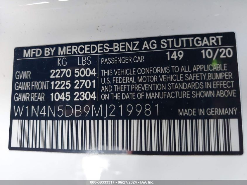 2021 Mercedes-Benz Amg Gla 45 4Matic VIN: W1N4N5DB9MJ219981 Lot: 39333317