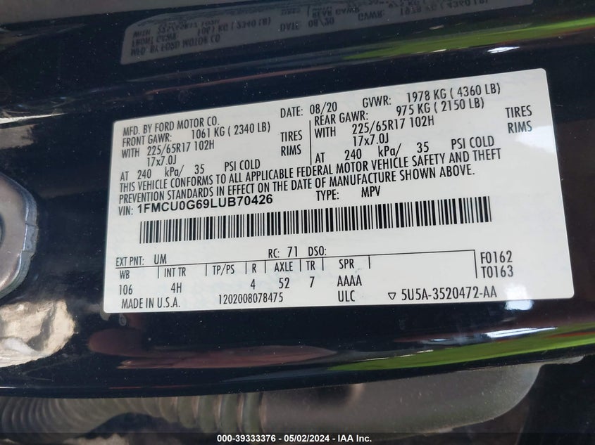 VIN 1FMCU0G69LUB70426 2020 FORD ESCAPE SE