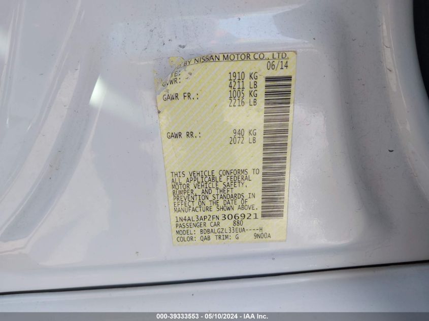 2015 Nissan Altima 2.5 S VIN: 1N4AL3AP2FN306921 Lot: 39333553