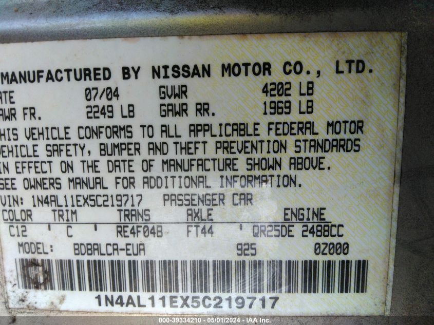 1N4AL11EX5C219717 | 2005 NISSAN ALTIMA