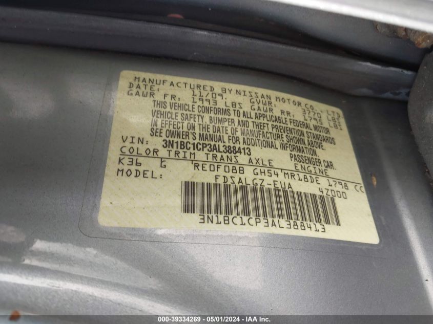 3N1BC1CP3AL388413 | 2010 NISSAN VERSA