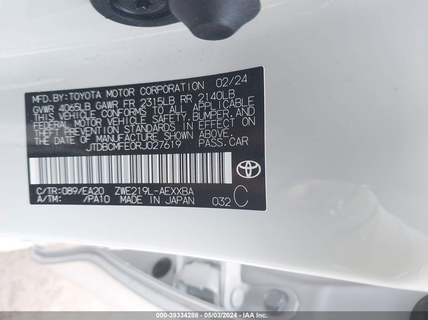 VIN JTDBCMFE0RJ027619 2024 TOYOTA COROLLA HYBRID XLE