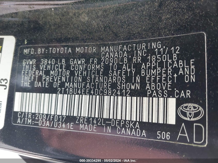 2013 TOYOTA COROLLA S/LE - 2T1BU4EE4DC982412