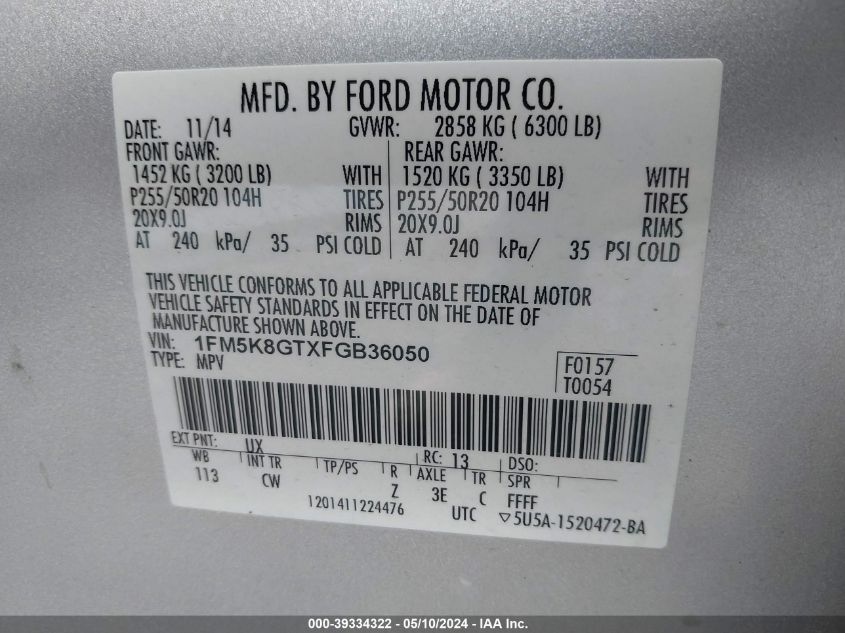 2015 Ford Explorer Sport VIN: 1FM5K8GTXFGB36050 Lot: 39334322