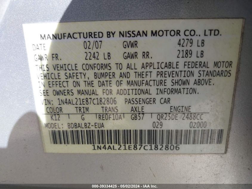 1N4AL21E87C182806 | 2007 NISSAN ALTIMA