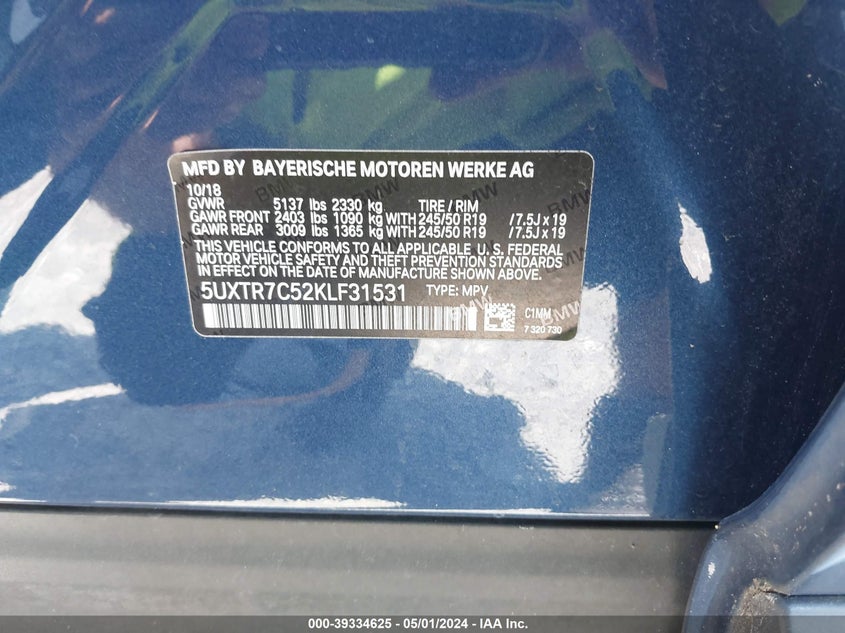 2019 BMW X3 VIN: 5UXTR7C52KLF31531