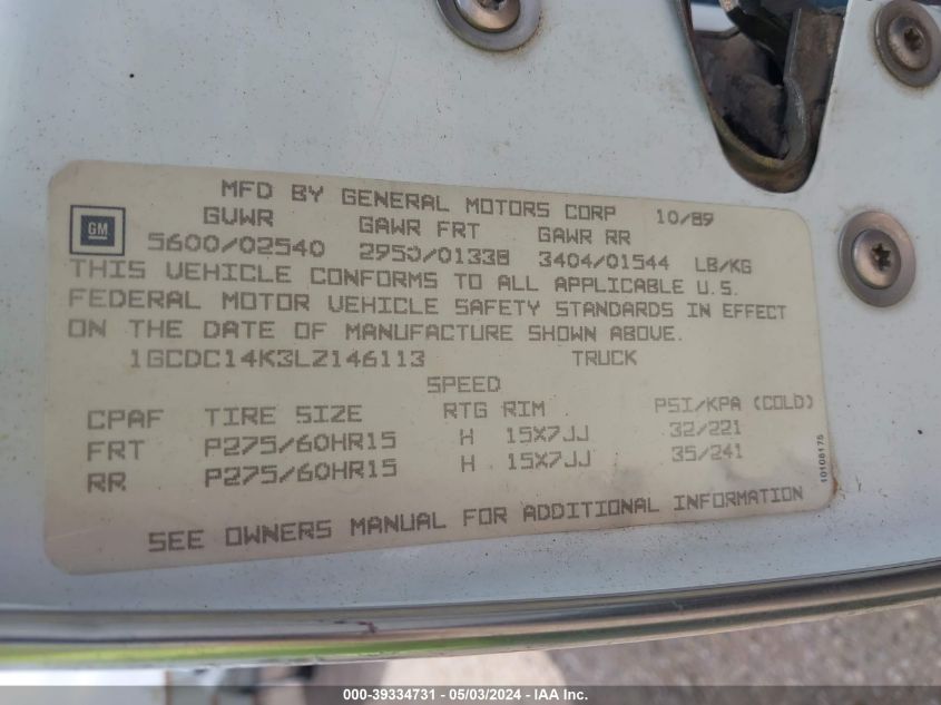 1990 Chevrolet Gmt-400 C1500 VIN: 1GCDC14K3LZ146113 Lot: 43376396