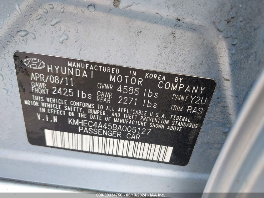 2011 Hyundai Sonata Hybrid VIN: KMHEC4A45BA005127 Lot: 39334756