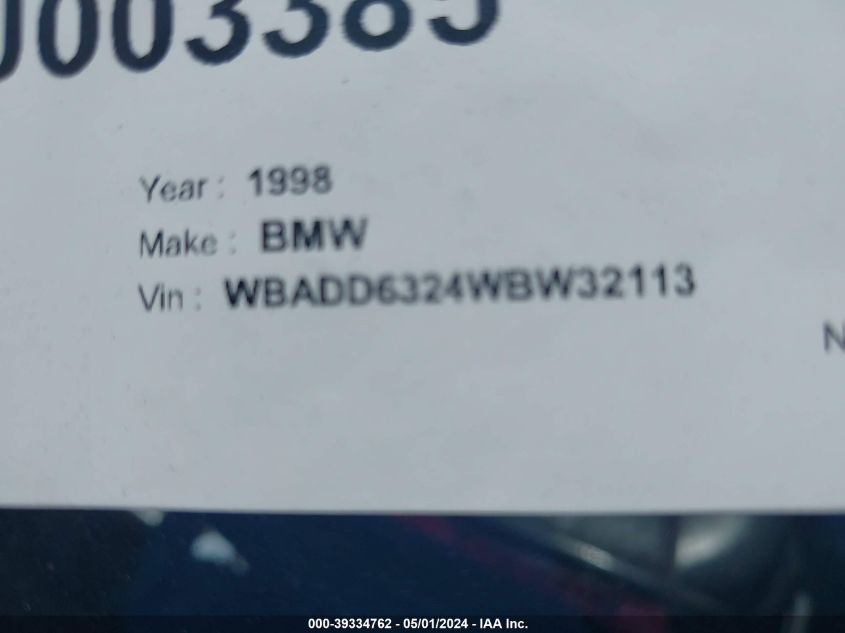 1998 BMW 528I VIN: WBADD6324WBW32113 Lot: 39334762