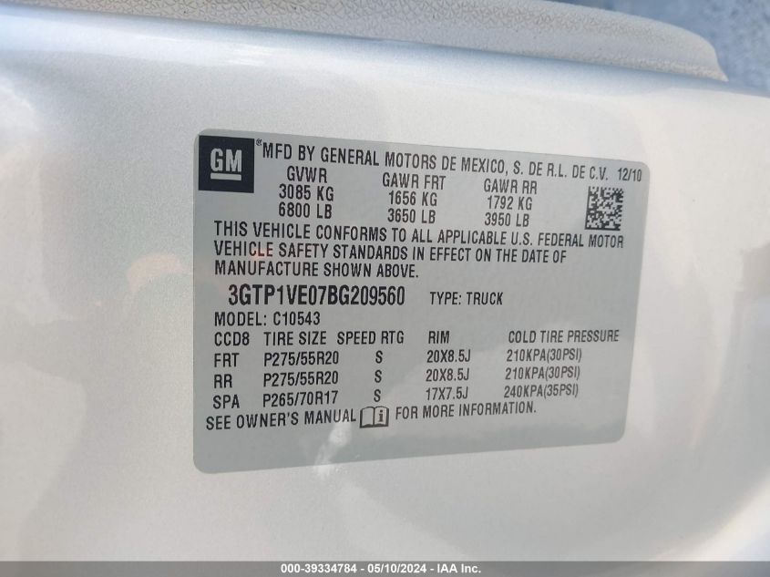 2011 GMC Sierra 1500 Sle VIN: 3GTP1VE07BG209560 Lot: 39334784