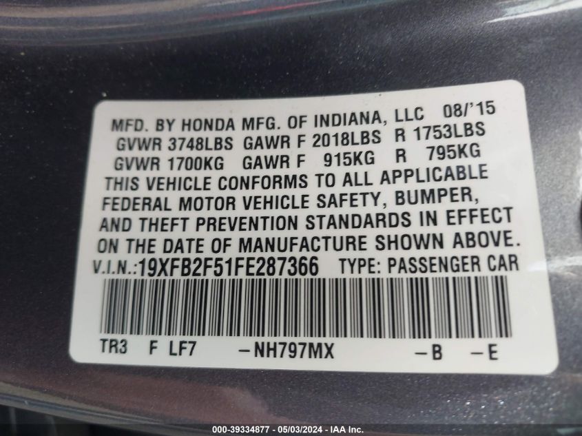 2015 Honda Civic Lx VIN: 19XFB2F51FE287366 Lot: 39334877