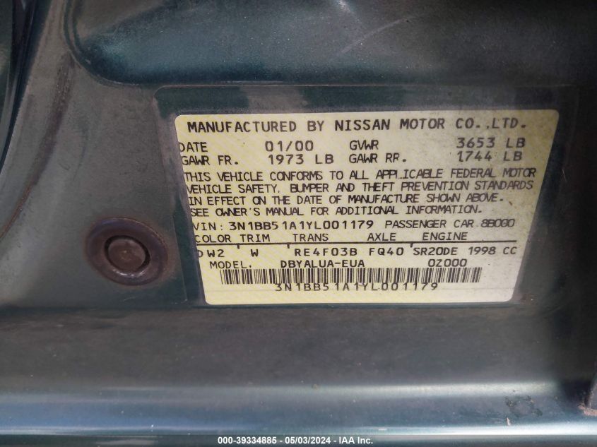 3N1BB51A1YL001179 | 2000 NISSAN SENTRA