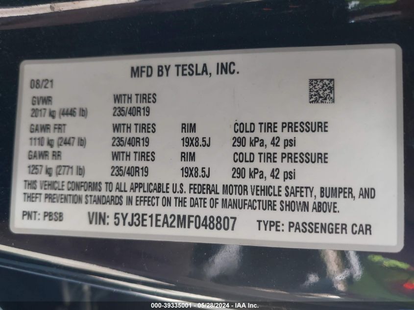 2021 Tesla Model 3 Standard Range Plus Rear-Wheel Drive VIN: 5YJ3E1EA2MF048807 Lot: 39335001