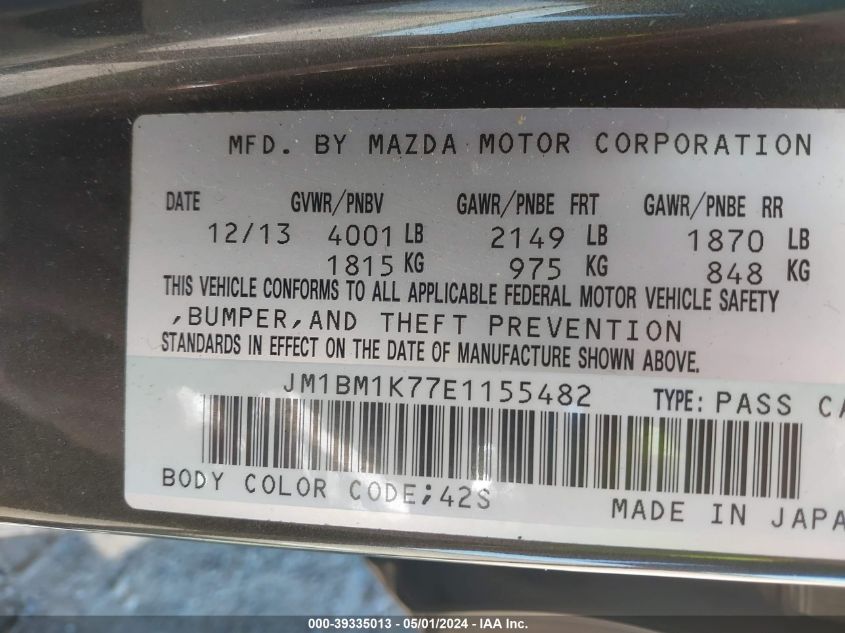 JM1BM1K77E1155482 | 2014 MAZDA MAZDA3