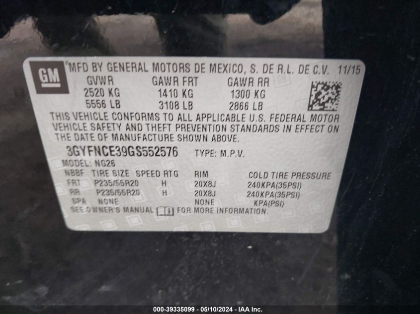 2016 Cadillac Srx Performance Collection VIN: 3GYFNCE39GS552576 Lot: 39335099