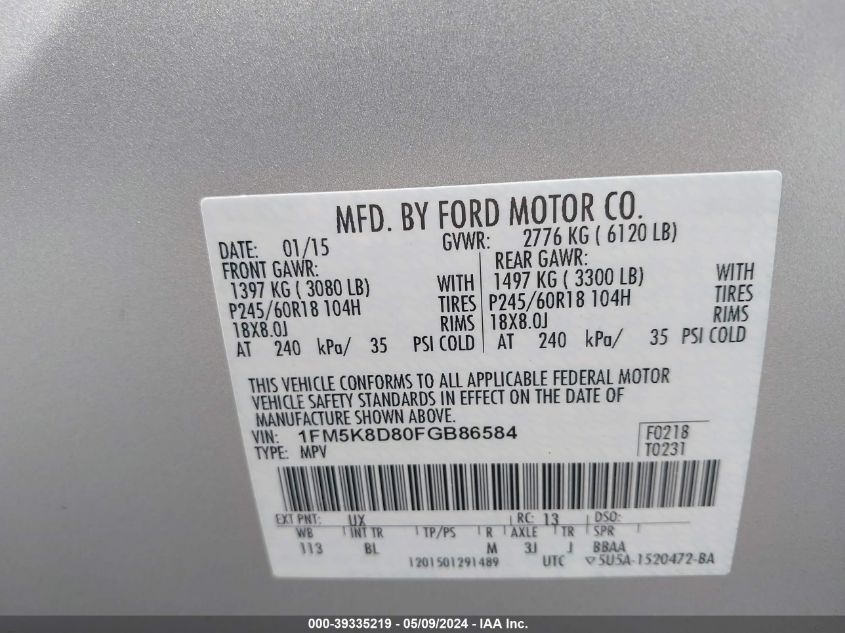 2015 Ford Explorer Xlt VIN: 1FM5K8D80FGB86584 Lot: 39335219