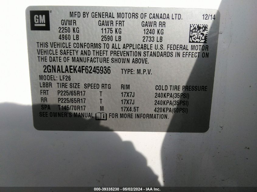 2GNALAEK4F6245936 2015 Chevrolet Equinox Ls