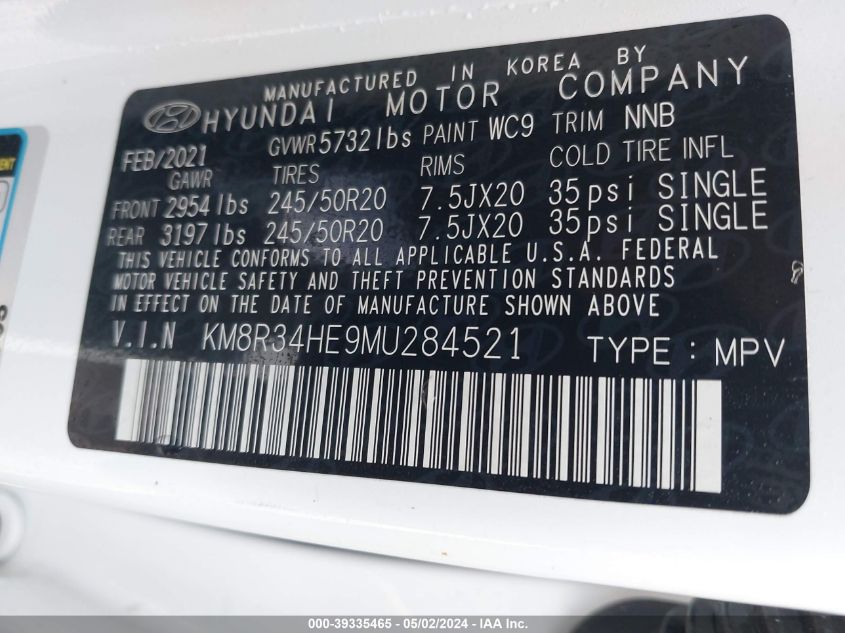 2021 Hyundai Palisade Sel VIN: KM8R34HE9MU284521 Lot: 39335465