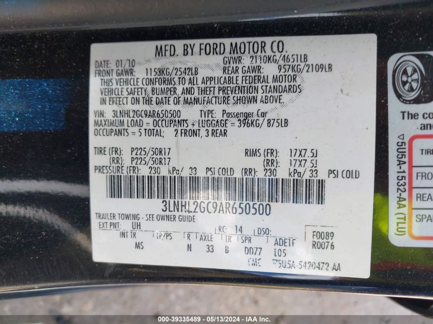 2010 Lincoln Mkz VIN: 3LNHL2GC9AR650500 Lot: 39335489