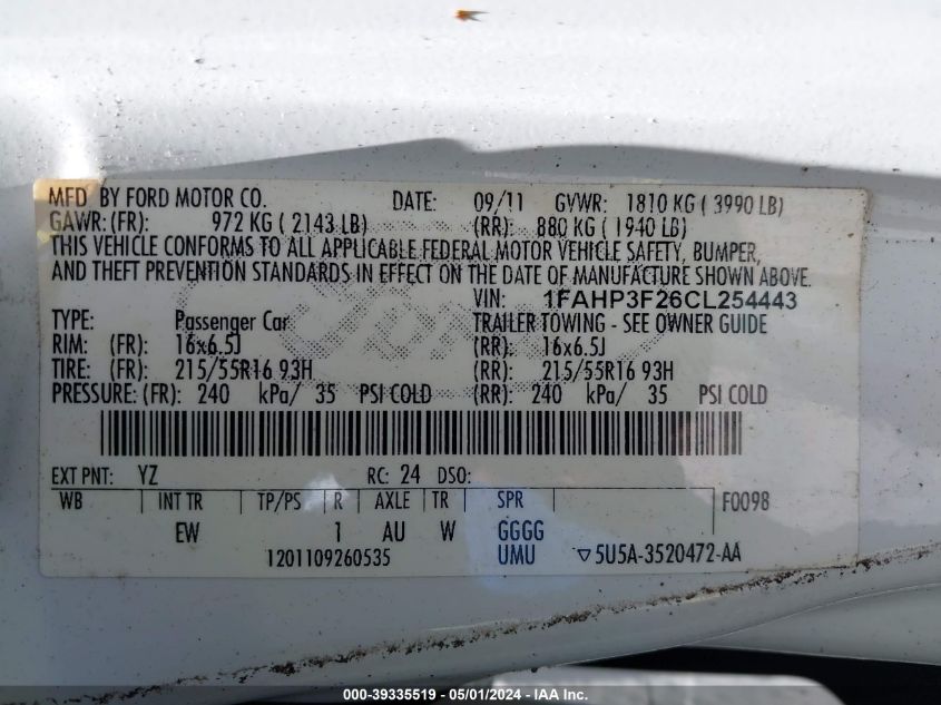 1FAHP3F26CL254443 | 2012 FORD FOCUS