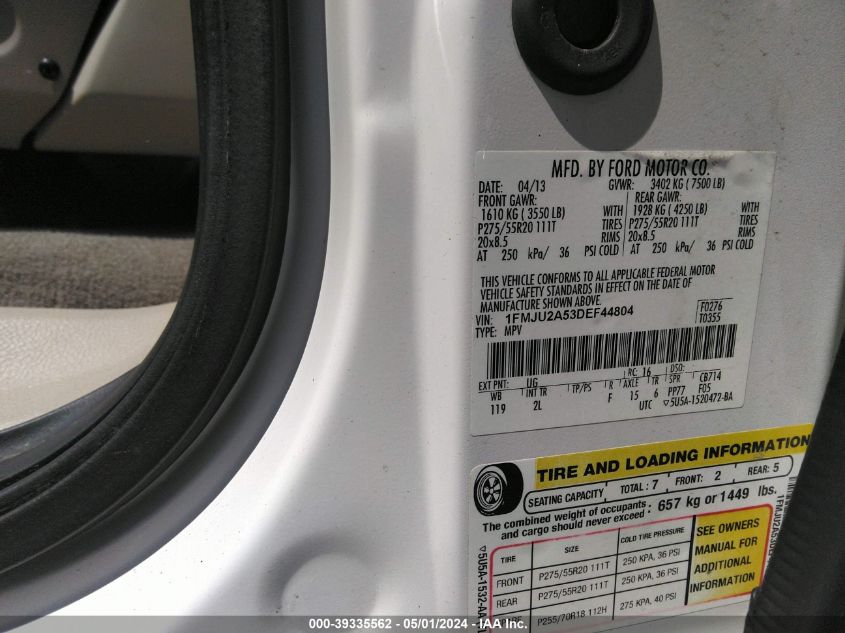 2013 Ford Expedition Limited VIN: 1FMJU2A53DEF44804 Lot: 39335562