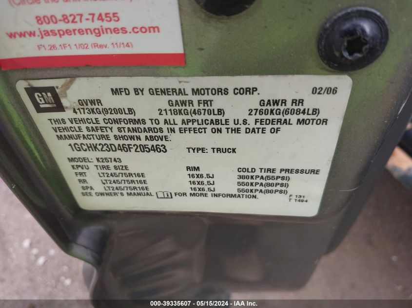 2006 Chevrolet Silverado 2500Hd Lt3 VIN: 1GCHK23D46F205463 Lot: 39335607