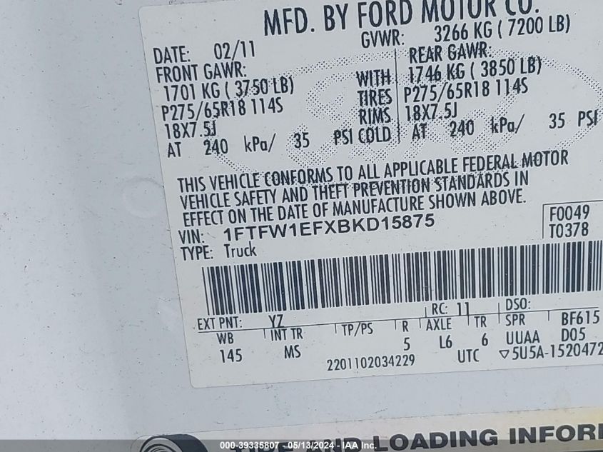 2011 Ford F-150 Xlt VIN: 1FTFW1EFXBKD15875 Lot: 39335807