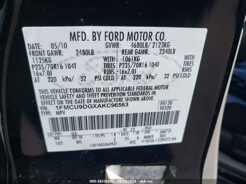 1FMCU9DGXAKC96563 2010 Ford Escape Xlt