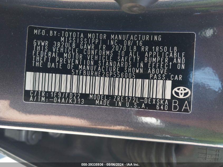 2016 TOYOTA COROLLA S PLUS - 5YFBURHE2GP556005