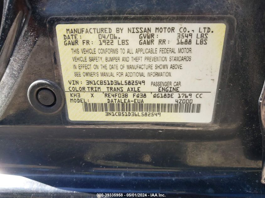 3N1CB51D36L582549 | 2006 NISSAN SENTRA