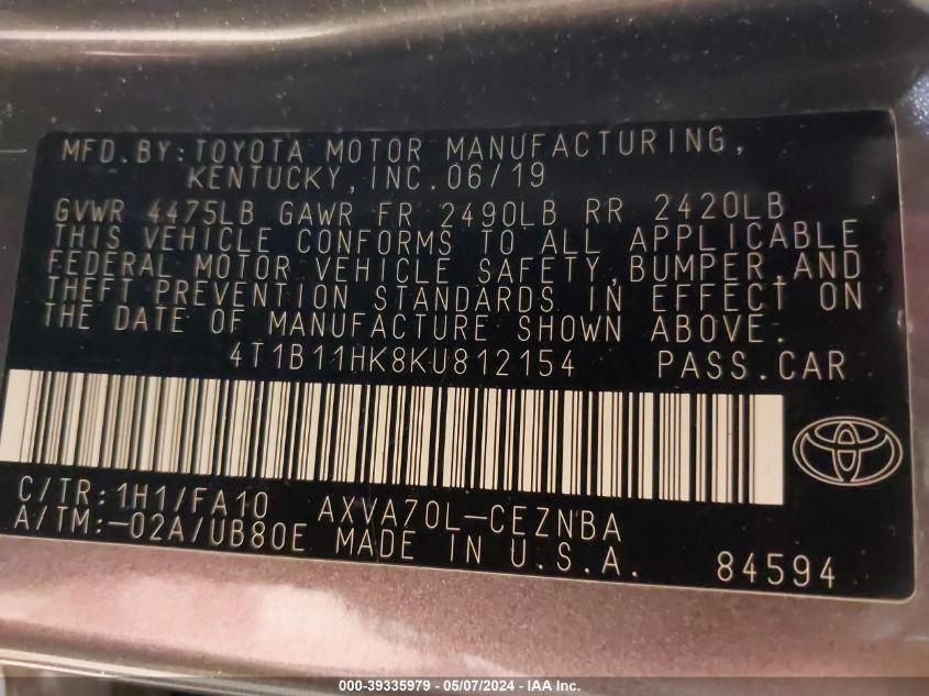 2019 TOYOTA CAMRY LE - 4T1B11HK8KU812154