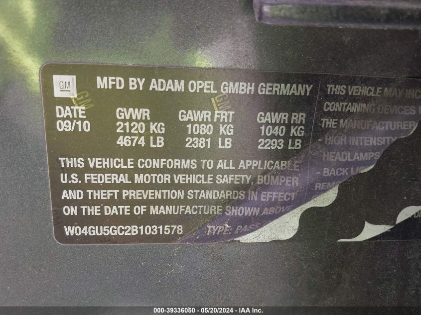 2011 Buick Regal Cxl Russelsheim VIN: W04GU5GC2B1031578 Lot: 39336050