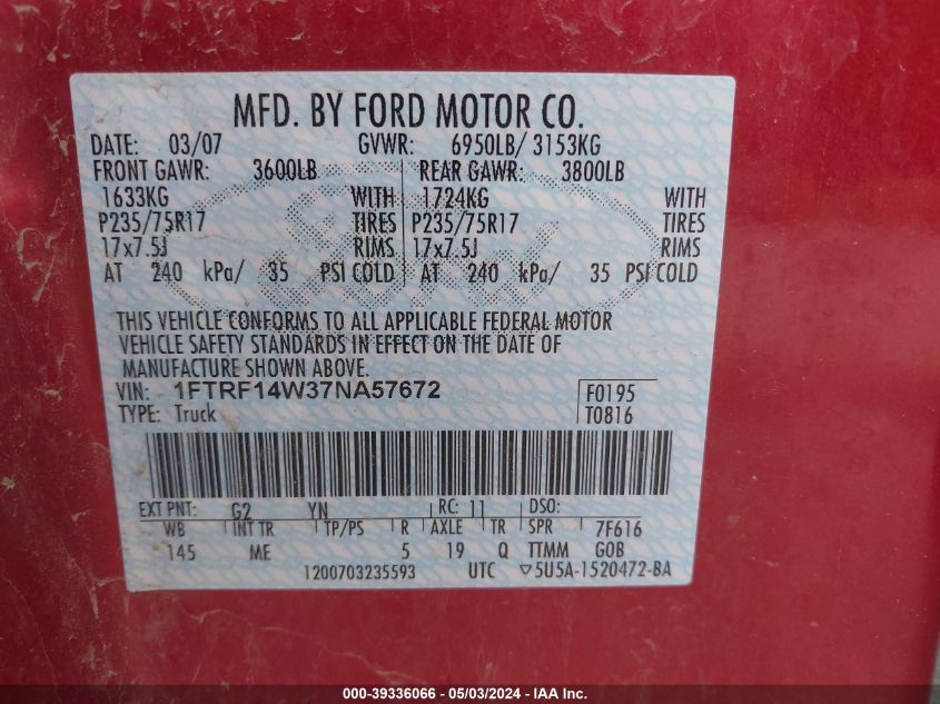 1FTRF14W37NA57672 | 2007 FORD F-150