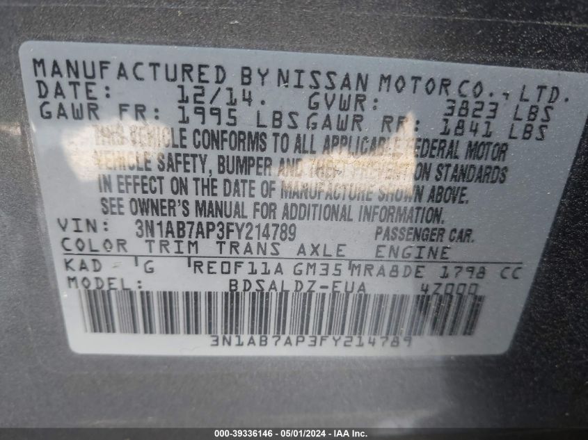 3N1AB7AP3FY214789 | 2015 NISSAN SENTRA