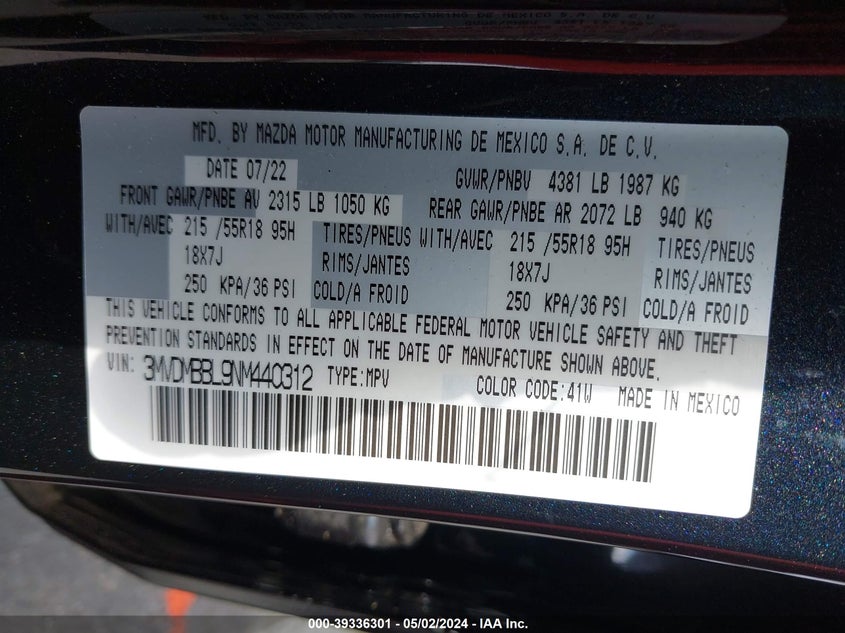 VIN 3MVDMBBL9NM440312 2022 MAZDA CX-30 SELECT