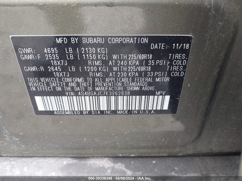 2019 SUBARU OUTBACK 2.5I LIMITED - 4S4BSAJC7K3262838