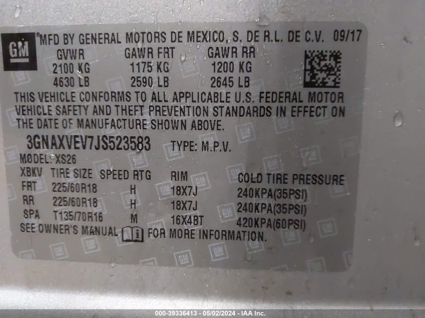VIN 3GNAXVEV7JS523583 2018 CHEVROLET EQUINOX PREMIER