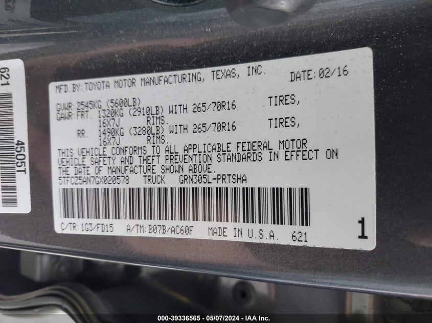 2016 TOYOTA TACOMA DBL CAB/SR/SR5/TRD SPT/OR - 5TFCZ5AN7GX020578