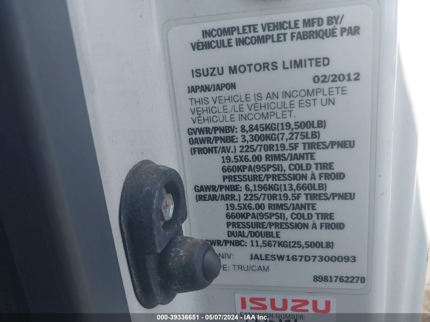 2013 Isuzu Dsl Reg VIN: JALE5W167D7300093 Lot: 39336651