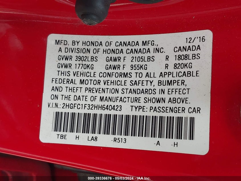 VIN 2HGFC1F32HH640423 2017 HONDA CIVIC EX-T