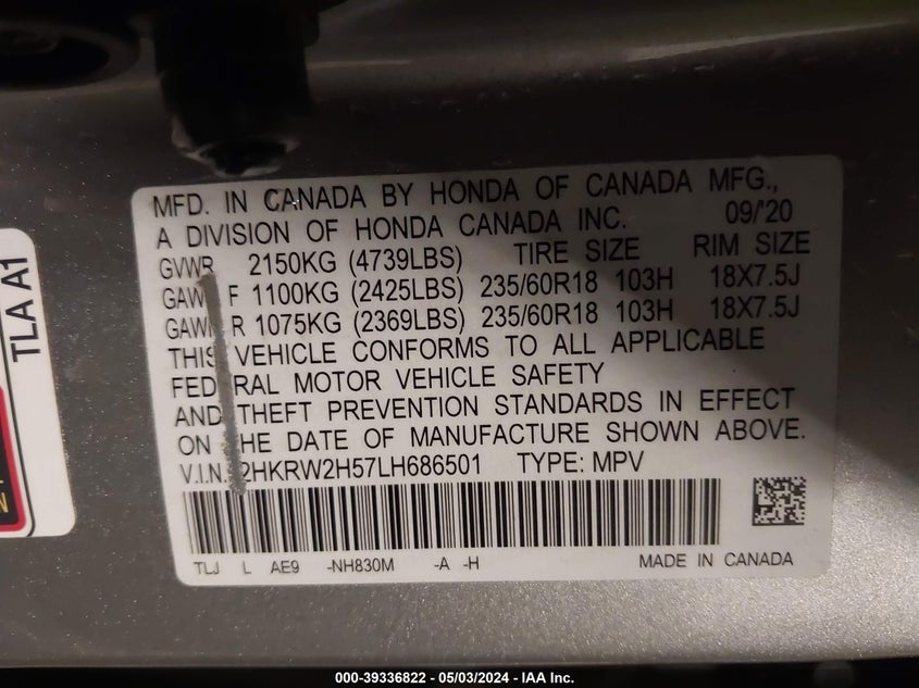 2020 HONDA CR-V AWD EX - 2HKRW2H57LH686501