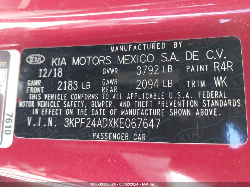 3KPF24ADXKE067647 | 2019 KIA FORTE